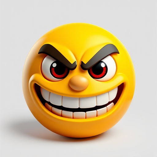 Create a 3D illustration of an angry yellow emoji with large eyes and a wide grinning mouth, high resolution, front view, 50mm lens, f/2.8 aperture, studio lighting.