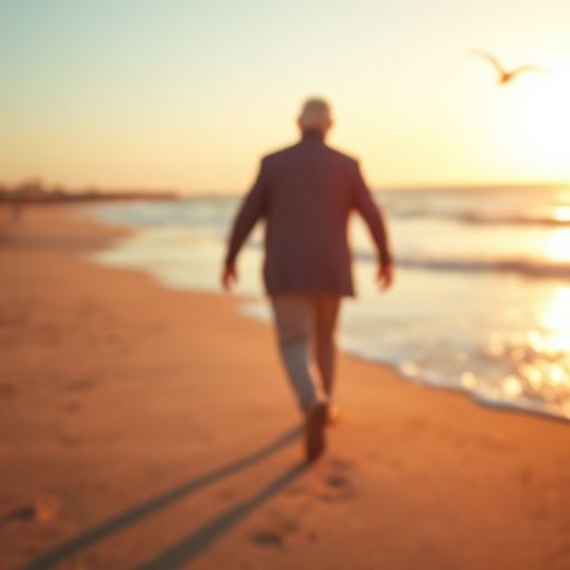 Blurry, candid photo of an elderly couple holding hands while walking along a sandy beach at sunset, soft golden light reflecting off the ocean waves, distant seagulls flying overhead.