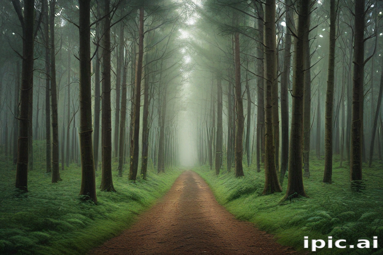 Enchanting Misty Pathway Through a Lush Green Forest Landscape