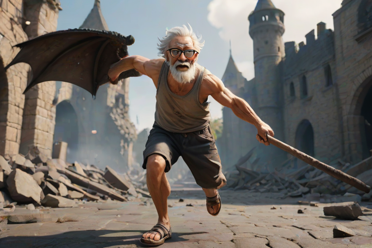 Cartoon 3D High-Resolution,dynamic battle scene using Unreal Engine 5 and Octane Render. The scene features back of an elderly, thai man with a beard,messy hair and round golden-rimmed glasses. He is wearing a tattered tank top with soot marks, shorts, and sandals. sweating. he wields a baseball bat. He jump to fight with a white fire-breathing Europe dragon amidst a partially destroyed stone castle. Include intense flames, smoke, and debris to enhance the dramatic effect.