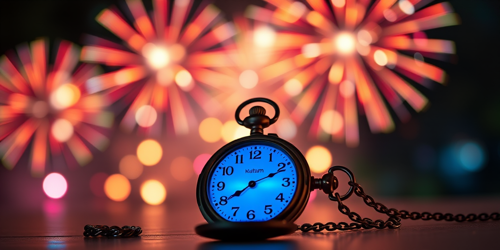 Create an image of a glowing blue pocket watch surrounded by colorful fireworks, with a blurred bokeh background, using a DSLR camera with a 50mm lens, aperture set to f/1.8, ISO 100, shutter speed at 1/125s, and a low-angle view.