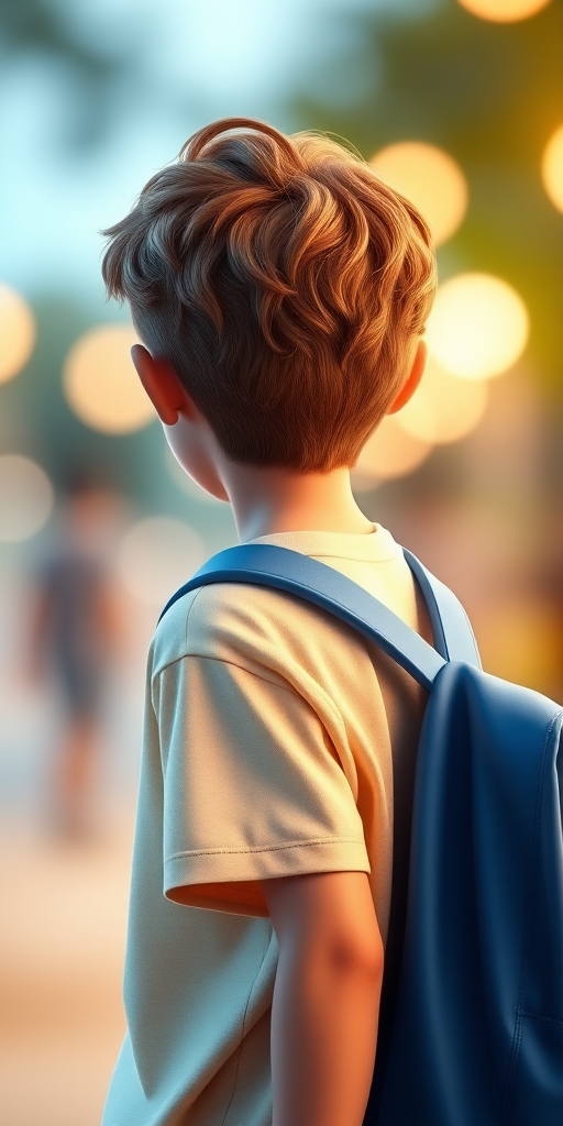 Create a 3D render of a young boy with wavy brown hair seen from the back, wearing a light beige t-shirt and a blue backpack, with a bokeh background, using a DSLR camera with a 50mm lens at f/1.8, ISO 100, and a shallow depth of field for enhanced image quality.