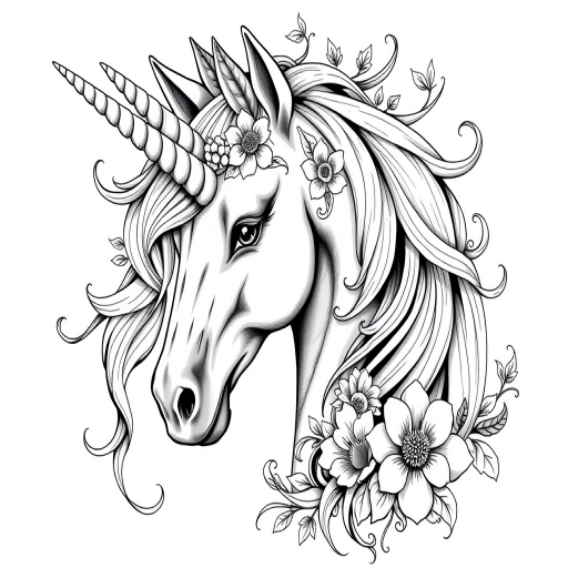 Create a highly detailed, black and white illustration of a unicorn's head adorned with flowing hair and surrounded by intricate floral designs, captured with a DSLR camera at f/2.8 aperture, 50mm lens, ISO 100, in a studio lighting setup for enhanced clarity and texture.