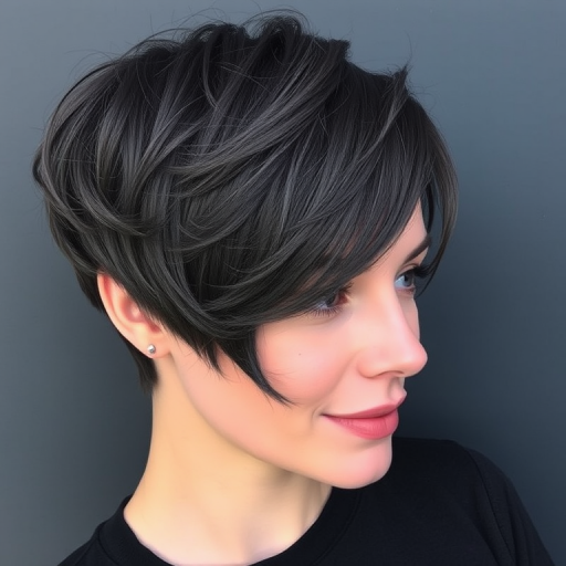 Smoky charcoal gray hair styled in a textured pixie cut with long, side-swept bangs, the Storm Cloud Chic style exudes edgy elegance and modern allure