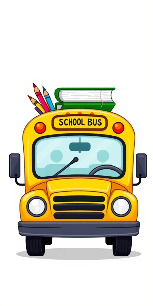 Create an illustration of a cartoon school bus, bright yellow with large rounded windows, carrying colorful pencils and a green book on top, set against a simple white background, using a digital drawing style with a resolution of 300 dpi, in a vector art format.