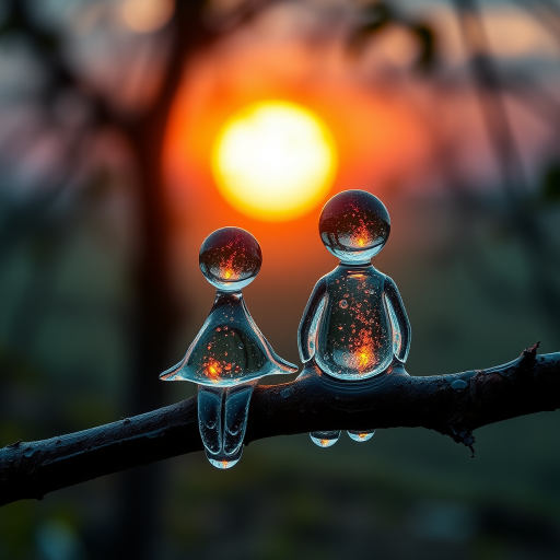 A high-quality conceptual HDR macro hyper-realistic photograph of a tree branch with a couple of transparent water drops in the shape of a female and a male chibi-style figure. The figures have a soft, wet, bubbly wet and bioluminescent texture. They are sitting on the branch and contemplating a beautiful sunset in the distance.