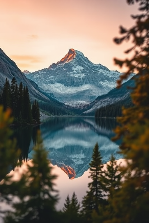 landscape view of a majestic mountain reflecting in a serene lake surrounded by dense forests, captured at golden hour with a Canon EOS R5, 24mm f/1.4 lens, ISO 100, aperture f/11, shutter speed 1/250s, in vibrant color with enhanced depth of field
