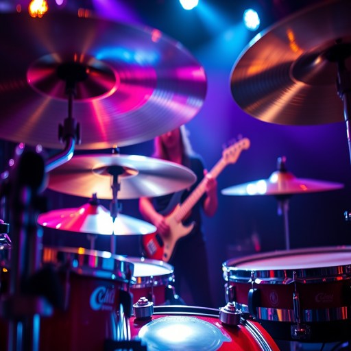 Capture a vibrant close-up of a drum kit with illuminated cymbals and a bass guitar in the background, using a Canon EOS R5 at f/1.8, 1/100s, ISO 400, in a low-light concert setting with a shallow depth of field for a bokeh effect.