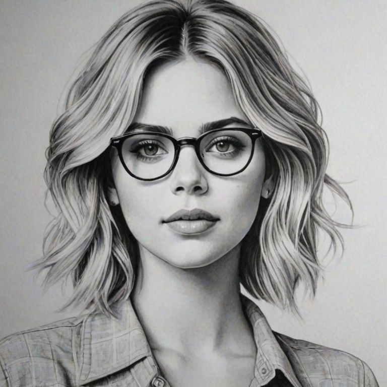 Enchanting Ashley Benson, pencil sketch, portrait of Attractive woman 1976s in glasses, hair style beatnik, outline, clear lines, fine lines, 8k