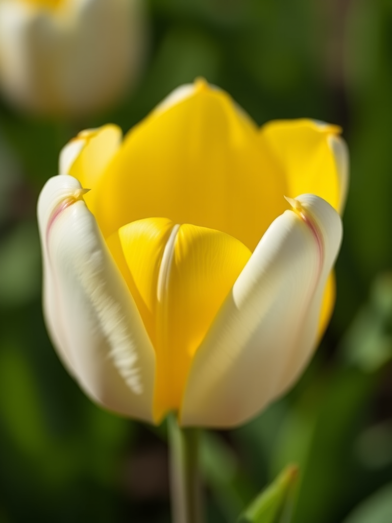 Close-up shot of a white and yellow tulip flower with a shallow depth of field, using a DSLR camera, 50mm lens, f/2.8 aperture, ISO 100, natural lighting, macro photography style.