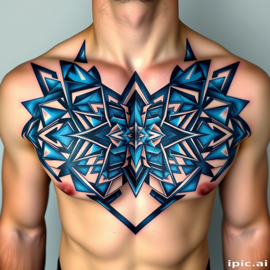 Mesmerizing geometric tattoo covering the chest and shoulders composed of interlocking shapes in shades of electric blue and metallic silver creating an optical illusion effect with precise symmetry