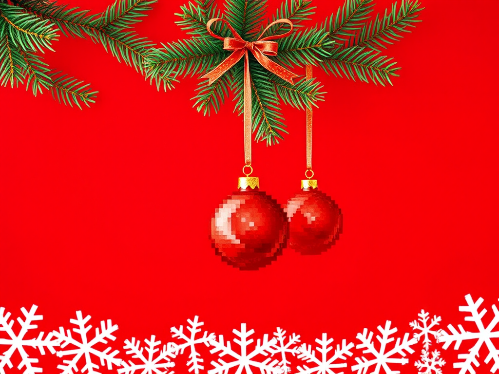 Create a festive holiday background featuring a solid red backdrop with green pine branches at the top, two pixelated red Christmas ornaments hanging from ribbons, and a border of white snowflakes at the bottom, use a DSLR camera with a 50mm lens, f/1.8 aperture, ISO 100, 1/125 shutter speed, and a shallow depth of field.