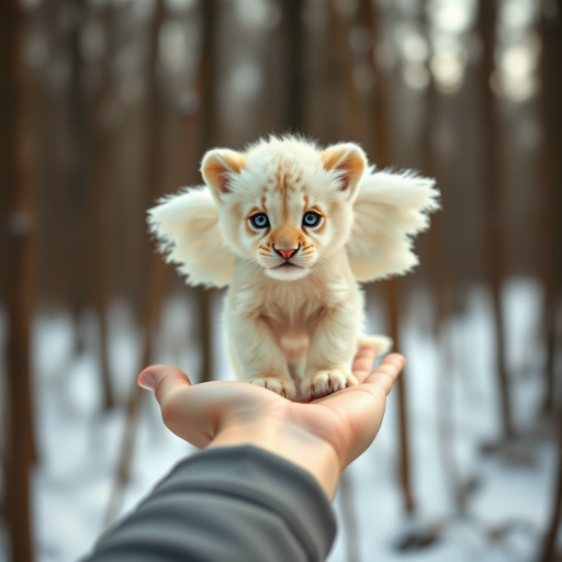 A small, white lion cub with angelic wings standing on a human hand. The cub has a soft, fluffy texture with detailed fur, expressive blue eyes, and a curious expression. The wings are large and feathery, blending seamlessly with its fur, giving an ethereal appearance. The background is a winter forest, with the ground covered in snow and blurred brown trees, creating a serene atmosphere. The human hand in the foreground is positioned palm-up, supporting the lion cub gently, fingers slightly curled. The lighting is soft and diffused, enhancing the tender and magical feel of the scene. Colors are predominantly neutral with white, cream, and soft browns, contrasting with the subtle blue of the lion cub's eyes. The overall composition is balanced, with the cub at the center, creating a focal point that draws the viewer's attention immediately.