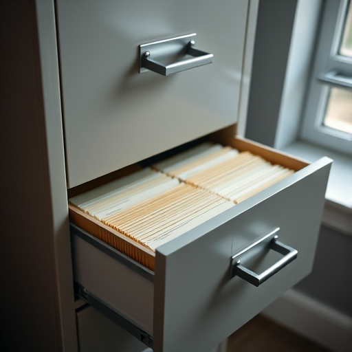 create a high-resolution image of a filing cabinet with two drawers open displaying file folders inside, shot with a DSLR camera at f/8 aperture, ISO 100, with a 50mm lens and soft natural lighting from a window, in a slightly angled view to add depth and detail
