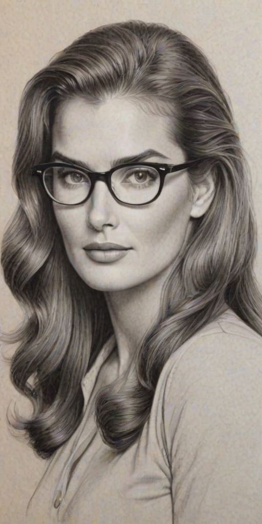 Attractive Brooke Shields, pencil sketch, portrait of Resplendent woman 1948s in glasses, hair style beatnik, outline, clear lines, fine lines, 8k