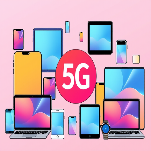 Create a vibrant digital illustration of various modern devices including smartphones, tablets, laptops, and smartwatches, prominently featuring a 5G symbol, using a clean and minimal style, captured with a Canon EOS R5 at 50mm f/1.8, ISO 100, f/4, in bright natural light for clarity and color enhancement.
