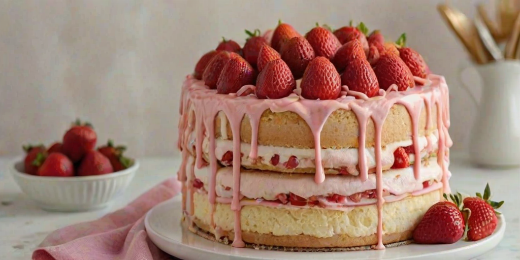 Create an image of a beautiful layered cake with fresh strawberries on top. The cake should have a pink icing that drips down the sides, and ladyfinger cookies surrounding the base. Include a plate with a slice of the cake being served, along with some whole strawberries and a light background for an elegant look.
