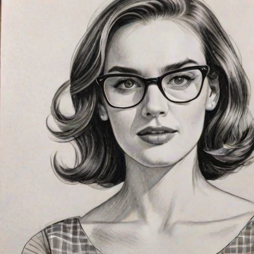 Enchanting Elizabeth Henstridge, pencil sketch, portrait of Graceful woman 1953s in glasses, hair style beatnik, outline, clear lines, fine lines, 8k