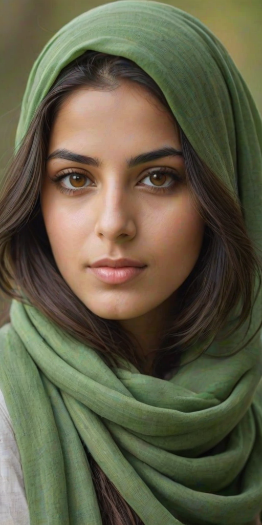 Create a portrait of a young Middle Eastern woman with long, dark hair and captivating hazel eyes. She is wearing a green headscarf and a matching scarf draped gracefully around her neck. The background is softly blurred, focusing attention on her serene and natural expression. The overall color palette is muted and warm, enhancing the intimate and authentic feel of the portrait.
