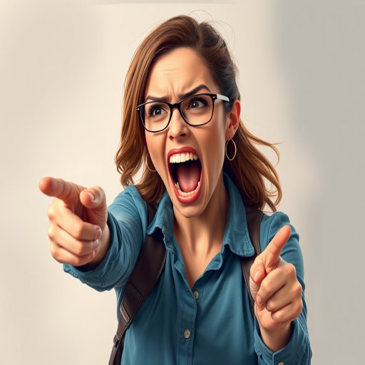 Create a high-resolution digital illustration of a woman angrily shouting while pointing, using a Canon EOS R5 with a 50mm f/1.8 lens, ISO 100, aperture f/4, and a soft focus background to enhance the subject.