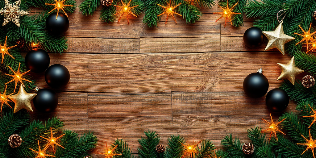 Create an image featuring a rustic wooden background framed with festive decorations. Include dark and shiny ornaments, golden lights, and star-shaped accents. Ensure the arrangement is symmetrical and creates a warm, holiday atmosphere with a focus on the center space.