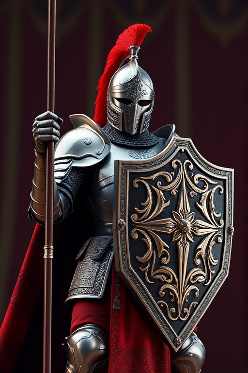 Create a highly detailed 3D render of a knight in ornate armor holding a shield and spear, with studio lighting, focal length of 50mm, aperture set to f/8, ISO 100, shot from a low angle with a depth of field that emphasizes the knight while softly blurring the background.