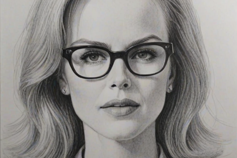 Superb Nicole Kidman, pencil sketch, portrait of Splendid woman 1966s in glasses, hair style beatnik, outline, clear lines, fine lines, 8k