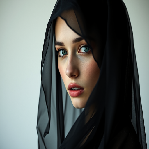 Create a highly detailed monochromatic portrait of a young woman draped in sheer black fabric, focusing on her striking facial features and ethereal expression, shot with a Canon EOS R5 at f/1.4, ISO 100, 85mm lens, under soft diffused lighting, in a minimalist studio setting.