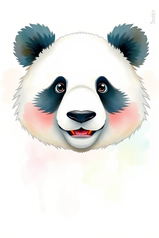 Create a watercolor illustration of a cute panda face with soft pastel colors, using a Canon EOS 5D Mark IV with a 50mm f/1.8 lens at f/2.8, 1/125 sec exposure, ISO 200, natural light, shooting from a frontal view to enhance texture and detail.