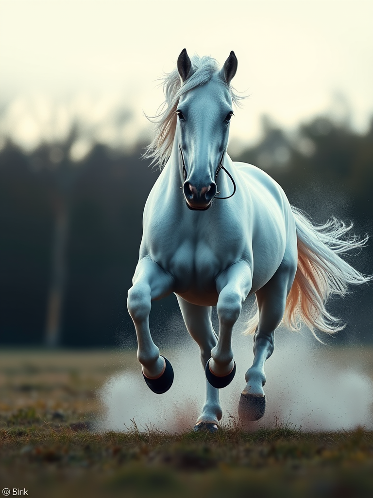 Create a realistic painting of a majestic white horse running gracefully, captured from a low angle with a shallow depth of field, using a DSLR camera with an aperture of f/2.8, ISO 100, and a focal length of 50mm.