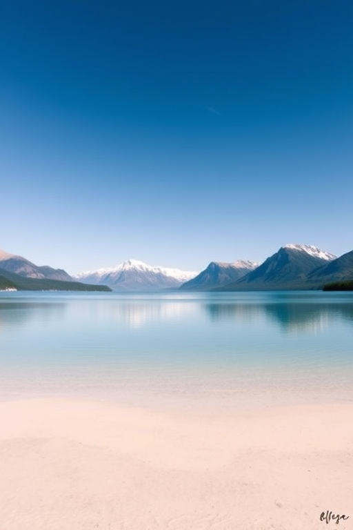 Create a high-resolution image of a minimalistic landscape featuring a serene lake surrounded by mountains under a clear blue sky, captured with a DSLR camera at f/8 aperture, ISO 100, 24mm focal length, using a wide-angle lens to enhance depth of field and clarity.