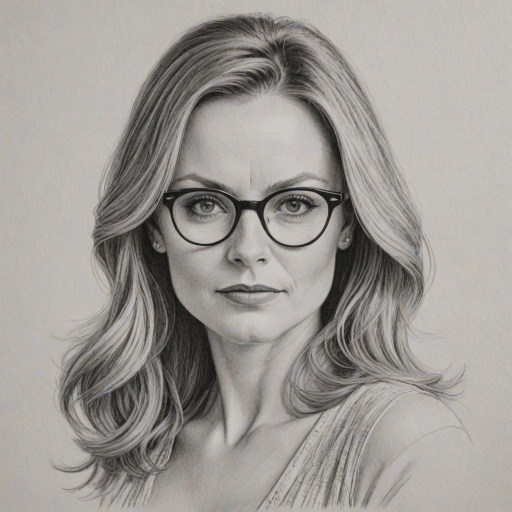 Splendid Geri Halliwell, pencil sketch, portrait of Dazzling woman 1941s in glasses, hair style beatnik, outline, clear lines, fine lines, 8k