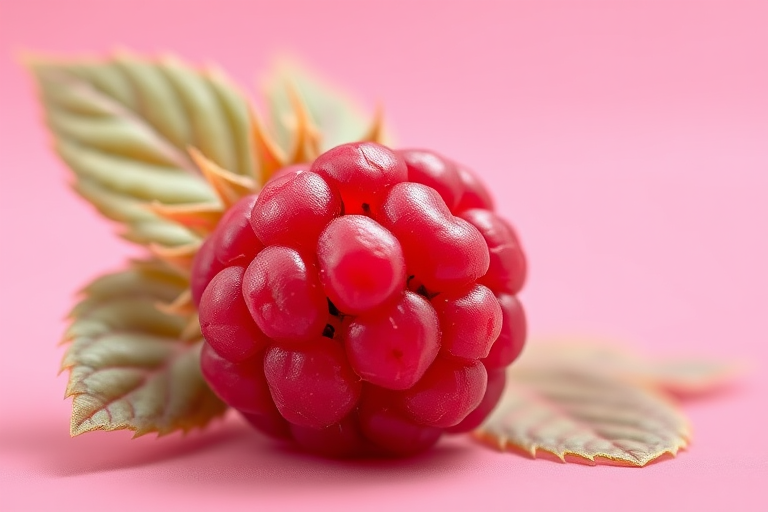 Create a high-resolution digital illustration of a raspberry with rich red color and detailed leaves, set against a soft pink background, using a 50mm lens, f/2.8 aperture, ISO 100, soft lighting, and a shallow depth of field to enhance focus on the raspberry.