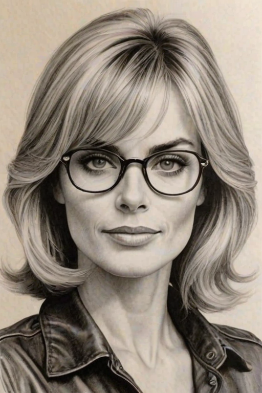 Lovely Eileen Davidson, pencil sketch, portrait of Charming woman 1977s in glasses, hair style beatnik, outline, clear lines, fine lines, 8k
