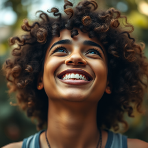 Generate a high-resolution portrait of a person with curly hair looking joyfully upward, captured with a DSLR camera at f/2.8 aperture, ISO 100, shutter speed 1/250s, using a soft focus lens, natural lighting, and a shallow depth of field.
