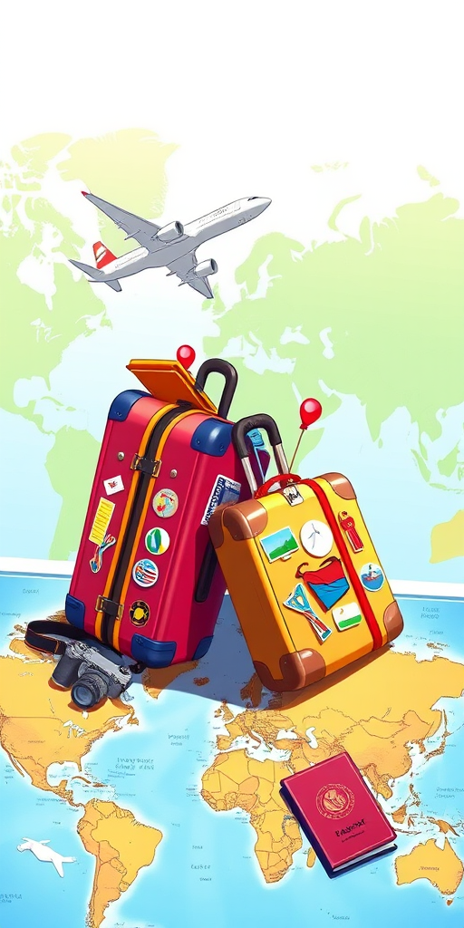 Create a vibrant and detailed travel-themed illustration featuring a world map with pins, two colorful suitcases adorned with travel stickers, a passport, and an airplane flying overhead, captured with a DSLR camera at f/2.8, ISO 100, 50mm lens, in a bright and sunny environment.