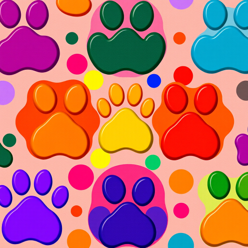 Generate a vibrant and colorful pattern of various abstract shapes resembling paws and blobs with a high-resolution background, using a Canon EOS R5 camera, 50mm lens, f/1.8 aperture, ISO 100, and natural lighting.