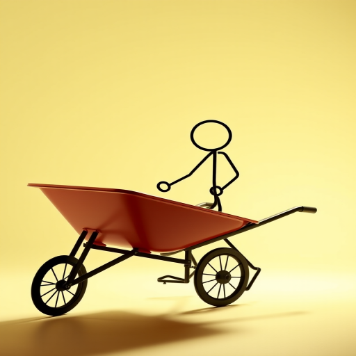 Create a high-resolution illustration of a stick figure pushing a cartoonish wheelbarrow, with a simple and bright background, using a Canon EOS 5D Mark IV, 50mm lens at f/2.8, ISO 100, shot from a 45-degree angle.