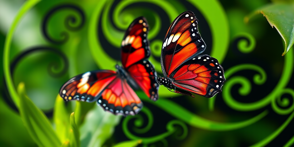 Generate a vibrant and detailed image of two butterflies in a lush green and black swirling floral pattern, using a macro lens with f/2.8 aperture, natural lighting, and a high-resolution DSLR camera for a sharp focus and rich color contrast.