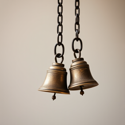 Create a high-resolution image of two antique bells hanging from a heavy chain against a plain background, captured with a DSLR camera, 50mm lens, aperture f/1.8 for shallow depth of field, ISO 100 for clarity, and soft natural lighting to enhance detail and texture.