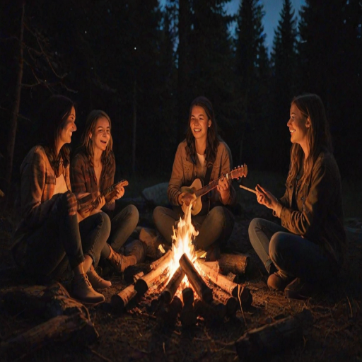 Low-light, intimate snapshot of a group of friends gathered around a small bonfire, soft orange glow illuminating their faces, laughter and conversation filling the air, stars twinkling above, marshmallows roasting on sticks, a guitar propped against a log nearby, the soft crackling of the fire the only other sound.