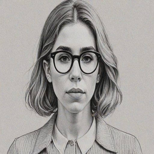 Enchanting Zosia Mamet, pencil sketch, portrait of Charming woman 1970s in glasses, hair style beatnik, outline, clear lines, fine lines, 8k