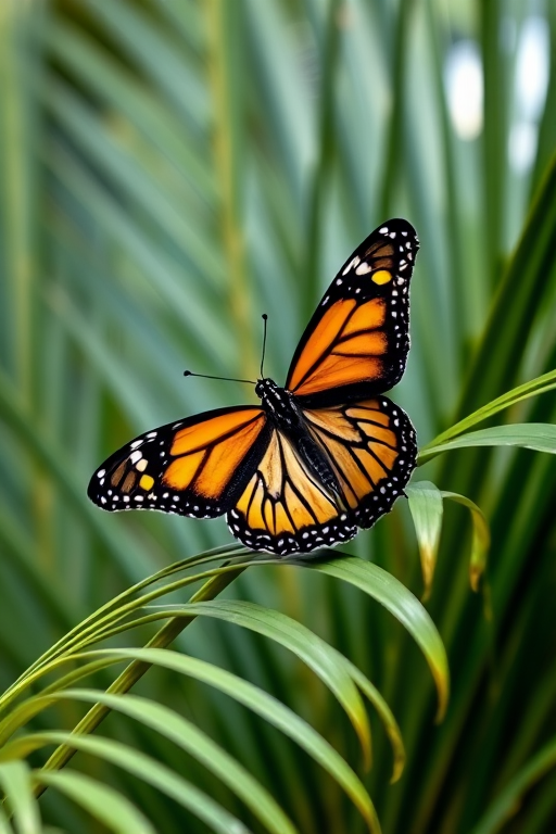 Monarch butterfly perched on green palm leaves, shot with a DSLR camera, 50mm lens, aperture f/2.8, shutter speed 1/250s, ISO 200, natural lighting, shallow depth of field, vibrant colors.
