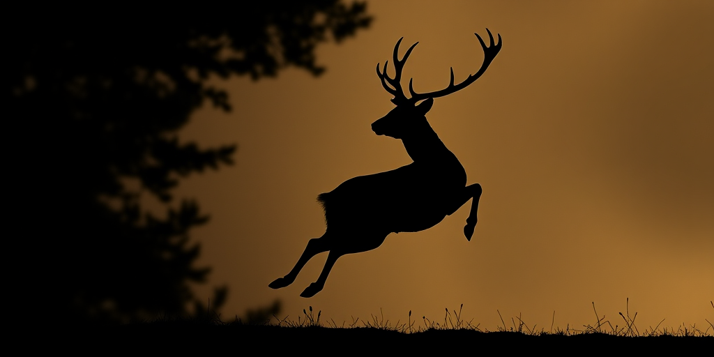 Create a high-resolution silhouette of a leaping deer with antlers against a contrasting background, using a DSLR camera, f/2.8 aperture, 1/500 shutter speed, and ISO 100 to enhance clarity and detail.