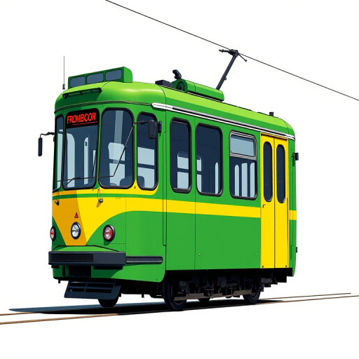 high-resolution digital illustration of a green and yellow tram, side view, with sharp lines and vibrant colors, using a Canon EOS R5 with a 50mm lens at f/8, ISO 100, and 1/250 sec under bright daylight, minimalist background to emphasize the tram design