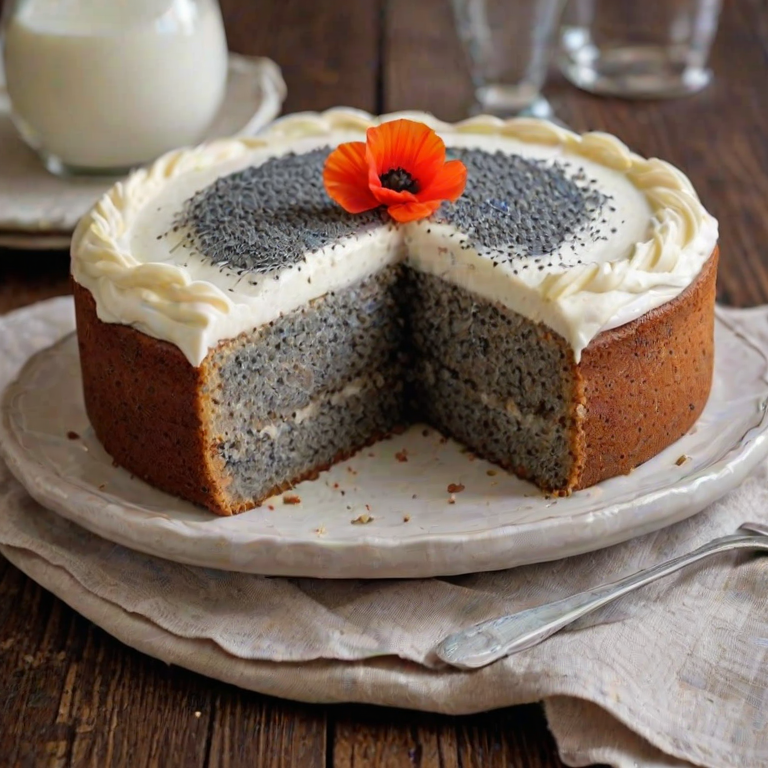 Create an image of a slice of moist poppy seed cake topped with a generous layer of creamy frosting. The cake should be displayed on a rustic wooden surface with a soft, textured cloth in the background. The lighting should be soft and inviting, highlighting the cake's texture and the frosting's smoothness.