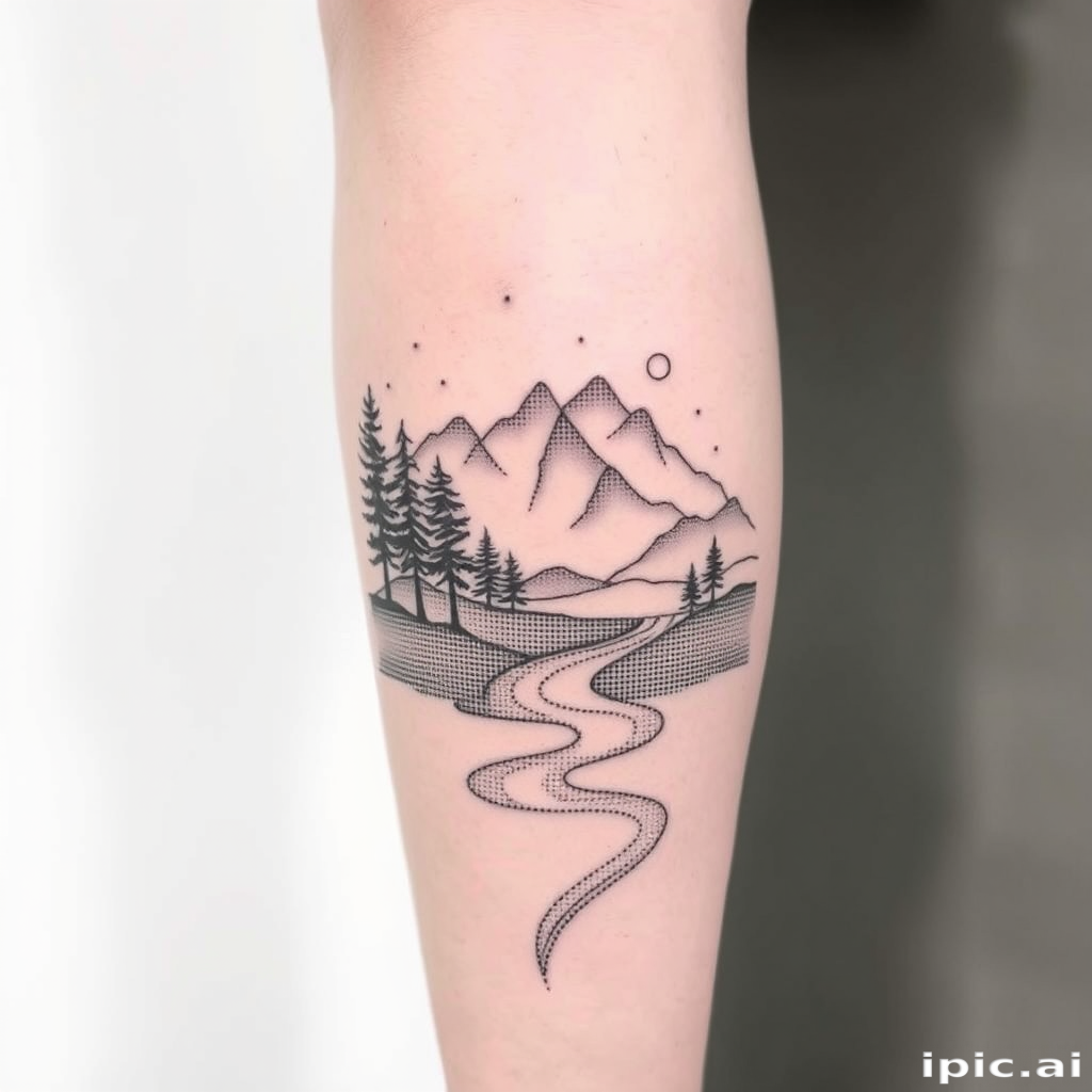 Serene dotwork landscape tattoo adorning the calf, depicting a mountainous scene with trees and a flowing river, utilizing thousands of tiny dots to create depth and texture in a monochromatic style