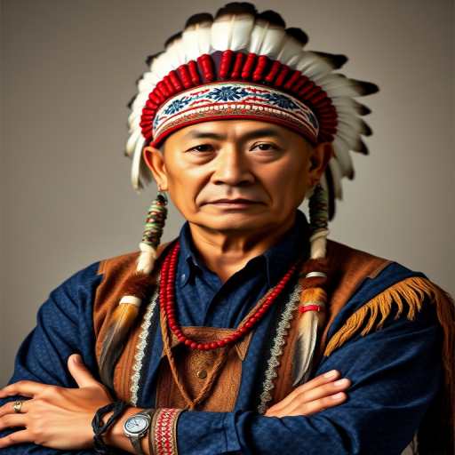 Create a dignified portrait of a Native American man dressed in traditional attire. He wears a beautifully crafted headdress adorned with white feathers and red beads, along with a beaded headband featuring intricate patterns. His clothing includes a deep blue, patterned shirt and a traditional chest piece with detailed beadwork. His arms are crossed, displaying leather armbands decorated with feathers. The background is simple and neutral, emphasizing his proud and stoic expression. The overall image captures the rich cultural heritage and strength of his persona.