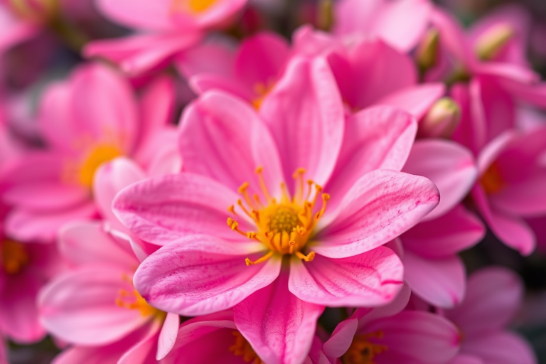 Create a vibrant floral background with pink shades, soft-focus depth of field, using a DSLR camera, aperture f/2.8, ISO 100, and a macro lens to capture intricate details of the flowers and petals.