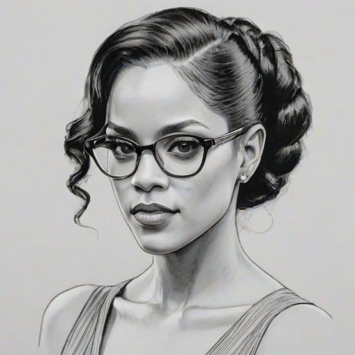 Alluring Bianca Lawson, pencil sketch, portrait of Magnificent woman 1934s in glasses, hair style beatnik, outline, clear lines, fine lines, 8k